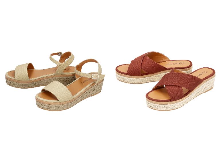 Beige Keilsandalen und braune Keilpantoletten mit geflochtenen Sohlen.