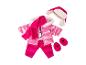 Rosa Puppen-Winteroutfit mit Jacke, Hose, Schal, Mütze und Schuhen.