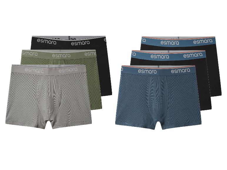 Sechs Esmara Boxershorts in verschiedenen Farben: Grau, Olivgrün, Schwarz und Blau.