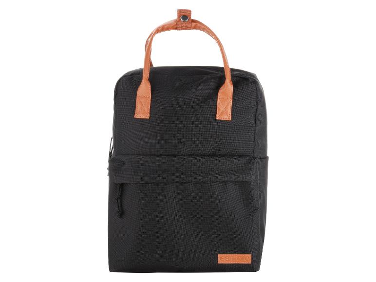 Schwarzer Rucksack mit braunen Ledergriffen und Details, mit seitlichem Kordelzug.