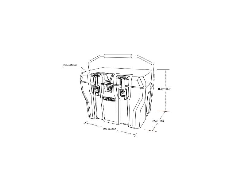 Isolierte Kühlbox mit den Maßen 59,1 cm x 37 cm x 41,4 cm und 26,5 L Volumen.