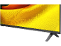 Flachbildfernseher mit Standfuß, der ein abstraktes gelb-orangefarbenes Bild zeigt.