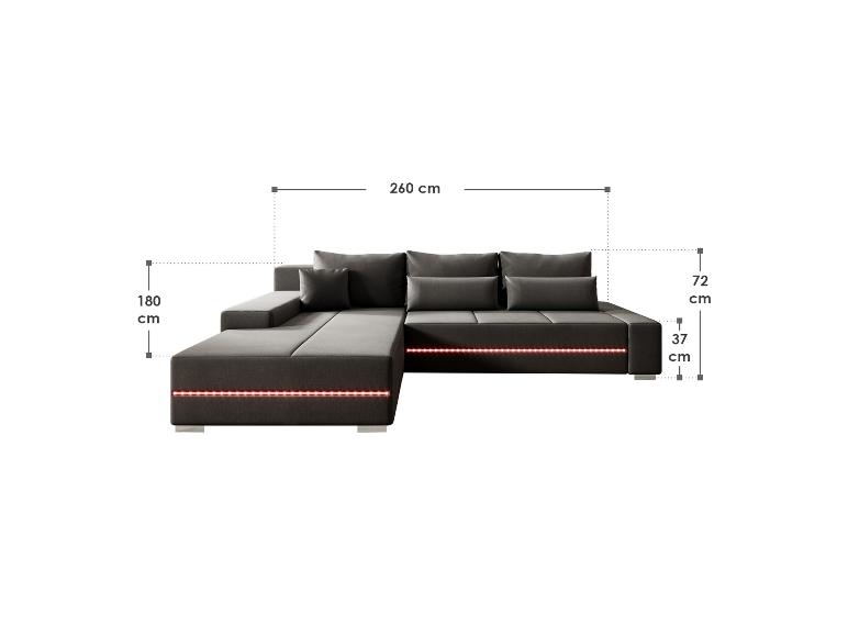 Ein graues Ecksofa mit LED-Beleuchtung.
