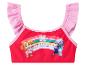 Rotes Bikini-Oberteil mit rosa Rüschen, Welpen-Print und Regenbogen mit dem Text „BE HAPPY“.