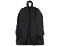 Rückansicht eines schwarzen Rucksacks mit lila Mustern und verstellbaren Schultergurten