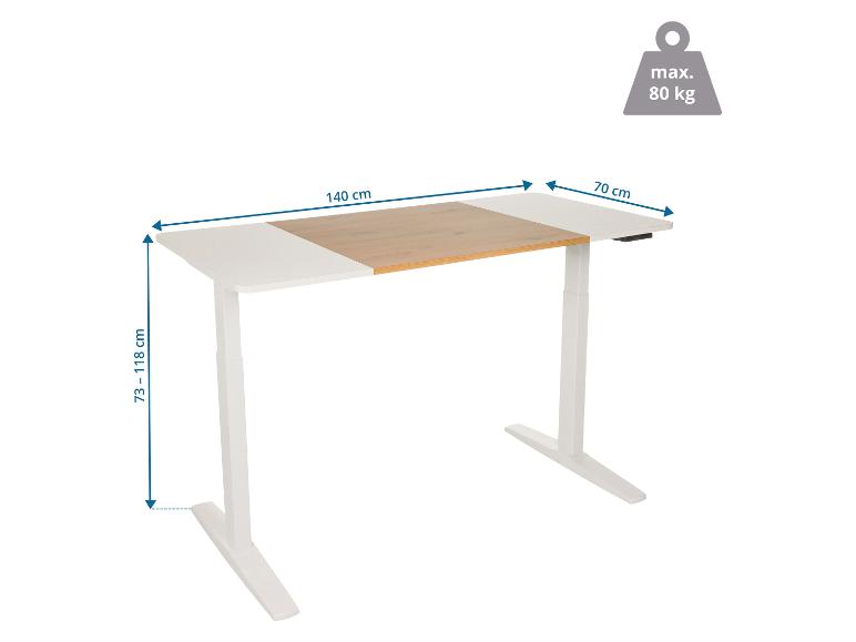 Höhenverstellbarer Schreibtisch mit weißer und Holzplatte, 140x70 cm und 73-118 cm hoch, max. 80 kg.