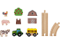 Hölzernes Bauernhof-Spielset mit Tieren, Gebäuden, Traktor, Wagen und Eisenbahnschienen.