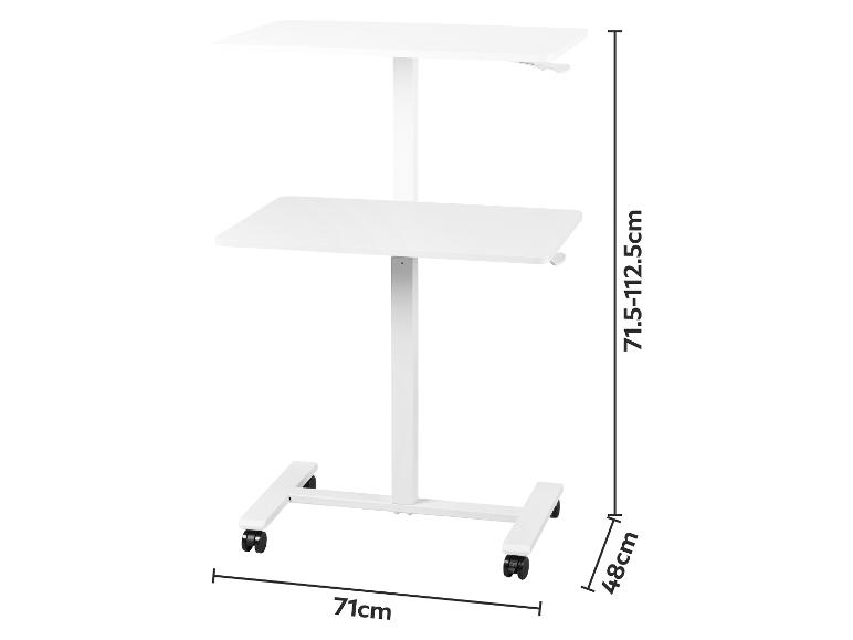 Weißer mobiler höhenverstellbarer Schreibtisch (71,5-112,5 cm) mit zwei Ablagen, 71 cm breit und 48 cm tief.