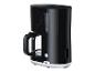 Schwarze Filterkaffeemaschine mit weißem Sockel und sichtbarer Wasserstandsanzeige.