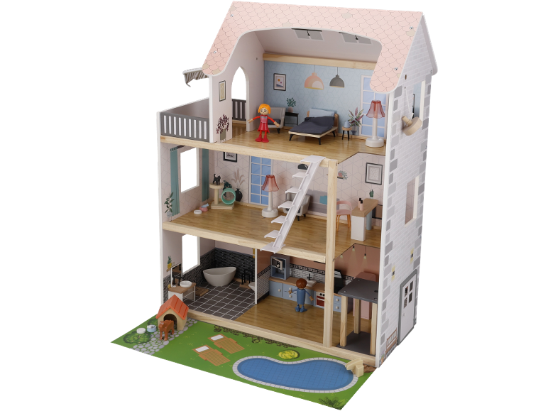 Großes Holzpuppenhaus mit Pool, Möbeln und Figuren.