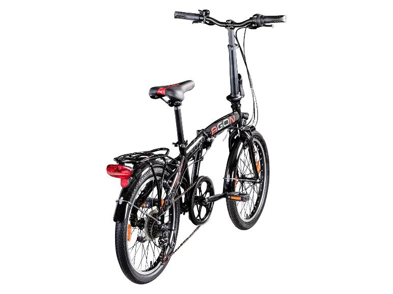Schwarzes Agon Faltrad mit Gepäckträger und Lichtern, auf weißem Hintergrund.