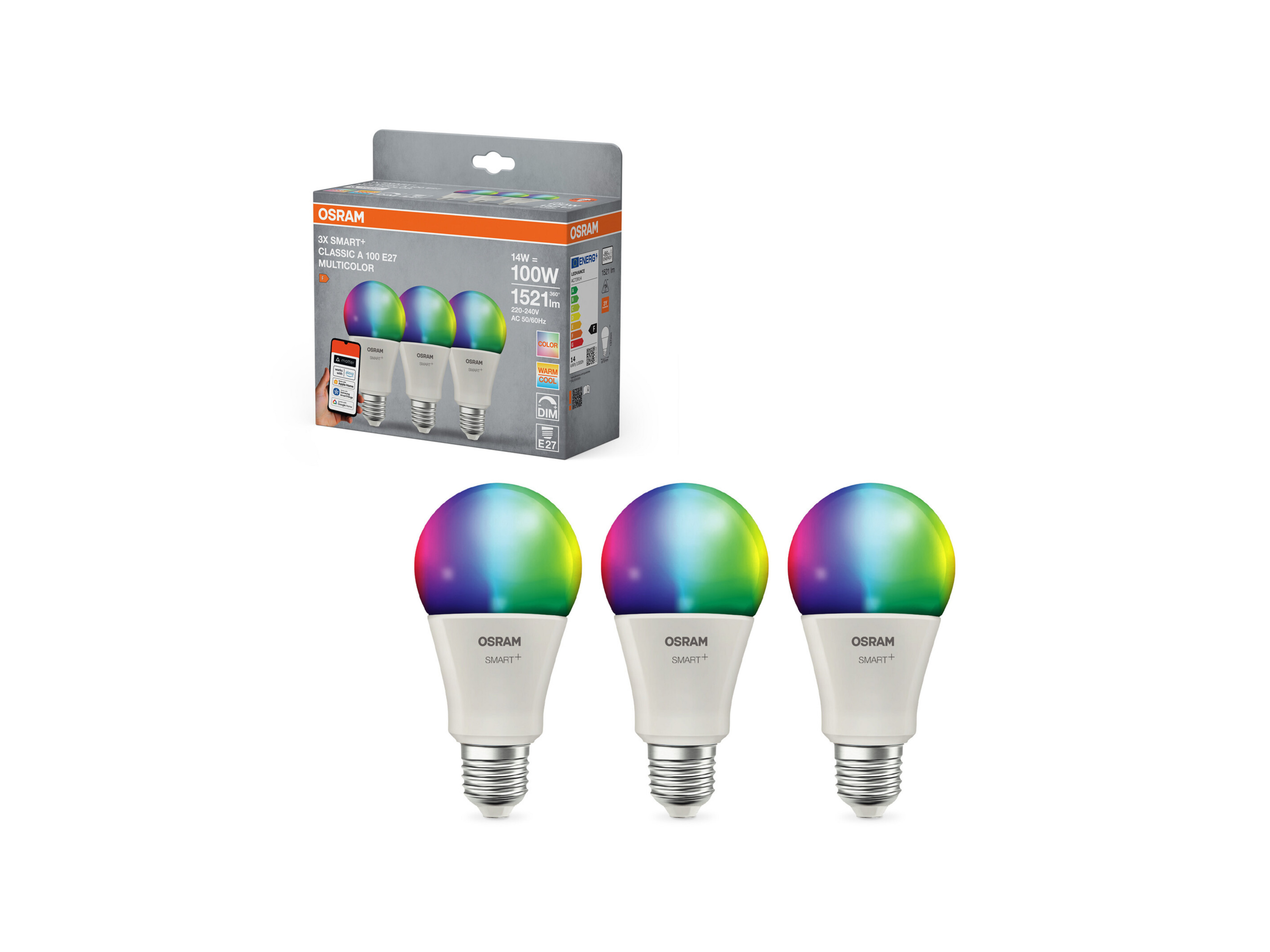 OSRAM Smart MATTER Leuchtmittel, 3er Pack (A100, E27, 2700 K, RGBW, Matt)""