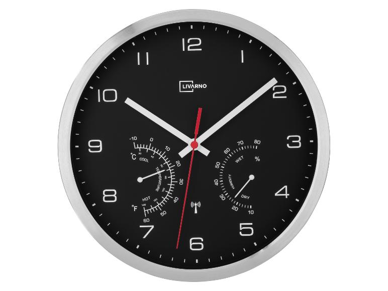 Livarno Wanduhr mit Thermometer und Hygrometer, schwarzem Zifferblatt und silbernem Rahmen.