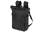 Schwarzer, moderner Rucksack mit Rollverschluss und Reißverschlusstasche.
