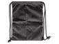 Eine schwarze Sporttasche mit Kordelzug und Reißverschlusstaschen.