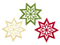 Drei Weihnachtssterne: grün, beige und rot, auf schwarzem Hintergrund.