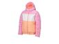 Kinder-Winterjacke in Pink, Weiß und Orange mit Kapuze.