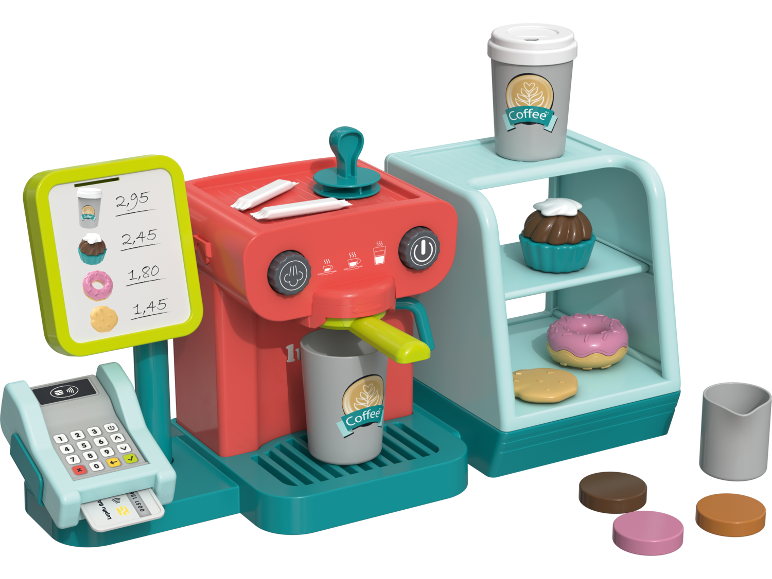 Spielzeug-Kaffeemaschine mit Kasse und Gebäckvitrine