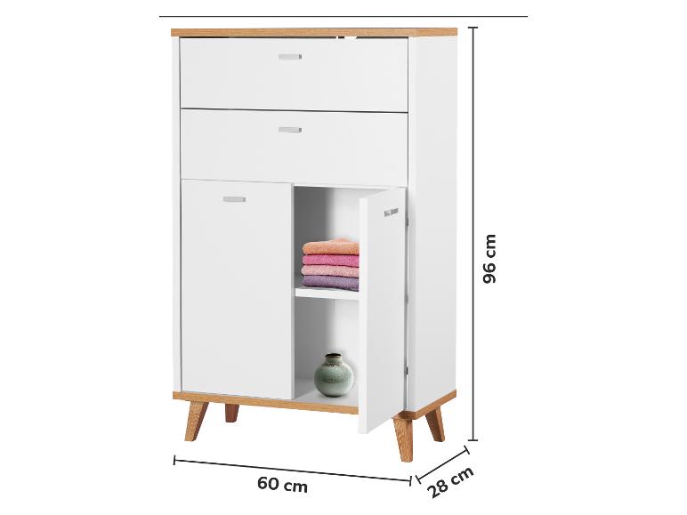 Weiße Kommode mit Holzplatte, zwei Schubladen und zwei Türen, Maße 96x60x28 cm.