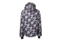 Graue und schwarze gemusterte Jacke mit Kapuze, Rückansicht.