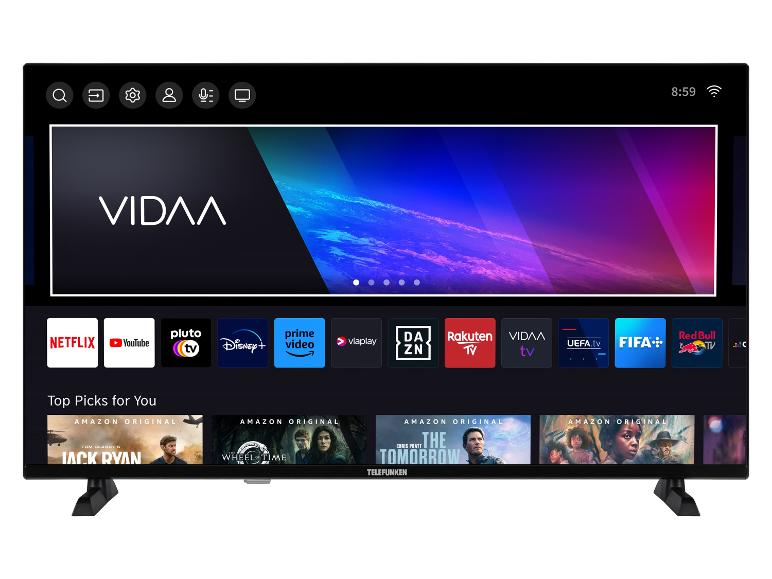 Telefunken Smart TV mit Benutzeroberfläche und Streaming-Apps wie Netflix und YouTube.