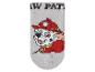 Graue Socke mit Feuerwehund-Motiv und dem Text „W PAT“.