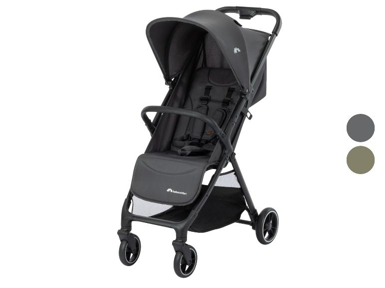 Dunkelgrauer Kinderwagen mit verstellbarem Verdeck und Sicherheitsgurten.