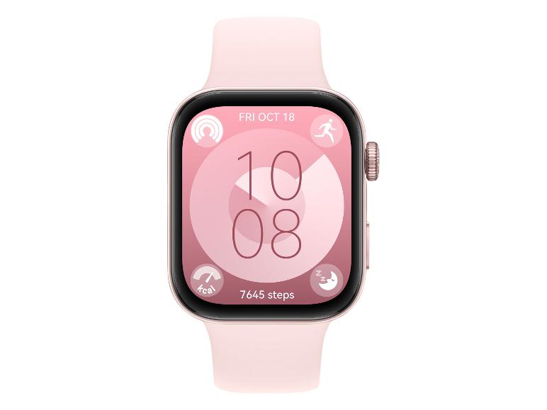 Rosa Smartwatch mit digitalem Zifferblatt, das Uhrzeit, Datum und Aktivitätsdaten anzeigt.