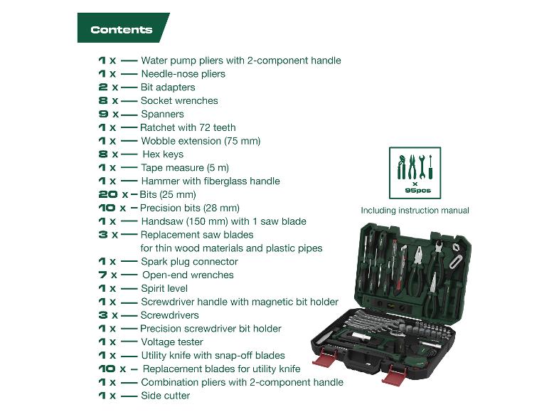 Werkzeugset mit Zangen, Schraubenschlüsseln, Schraubendrehern, Maßband und Säge, insgesamt 95 Teile.