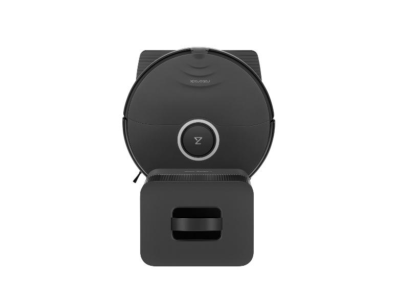 Dunkelgrauer Saugroboter mit Ladestation, Draufsicht.