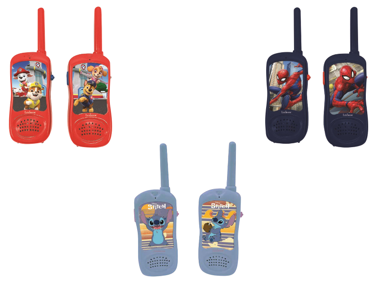Kinder-Walkie-Talkie-Sets mit Paw Patrol, Spider-Man und Stitch-Motiven.