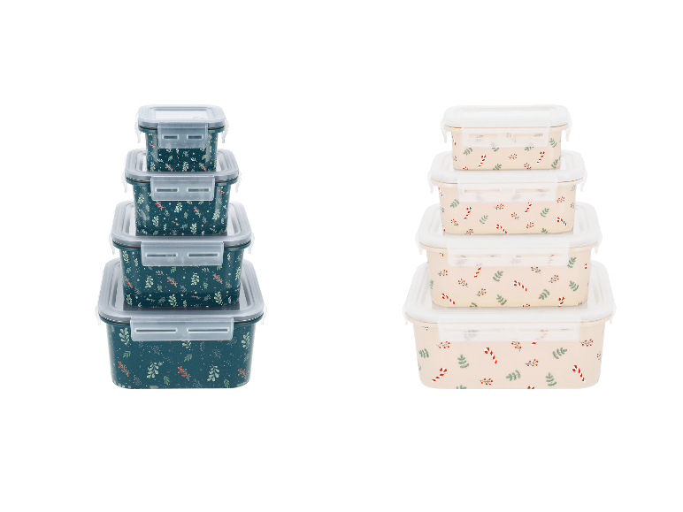 Zwei Sets von Lebensmittelbehältern mit Weihnachtsmotiven