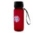 Rote Wasserflasche mit schwarzem Deckel und Kordel, mit kreisförmigem Logo in der Mitte.