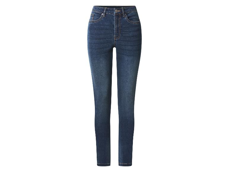 Dunkelblaue Damen-High-Waist-Skinny-Jeans mit sichtbaren Nähten.
