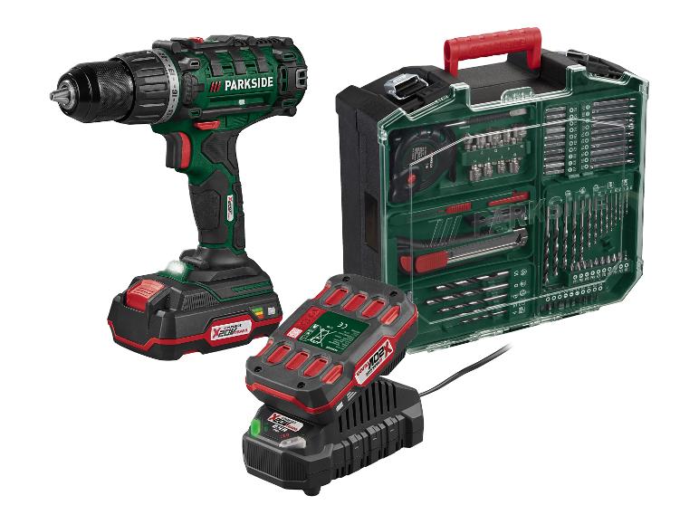 PARKSIDE X 20 V Team Akku-Bohrschrauber-Set mit Ladegerät und 200-teiligem Zubehör-Kit.