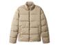 Beige gesteppte Pufferjacke mit Frontreißverschluss und Stehkragen.