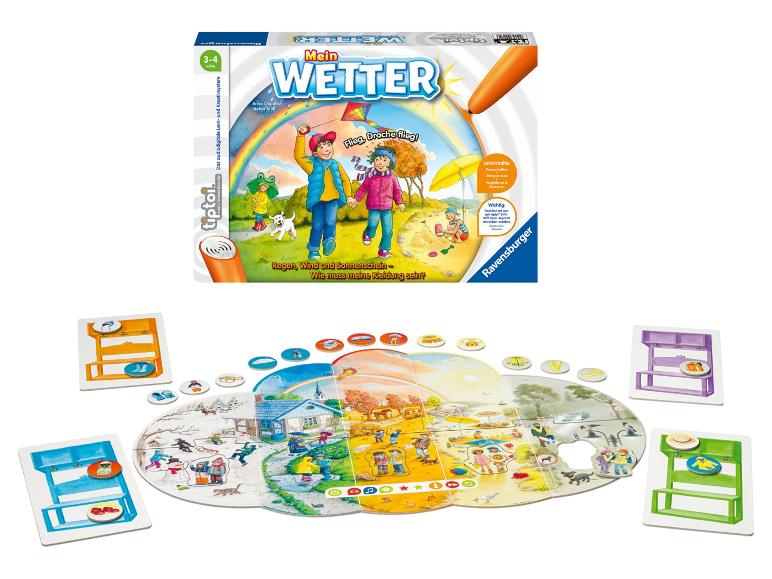 Ravensburger tiptoi Brettspiel „Mein Wetter“ mit Spielbrett und Anziehkarten.