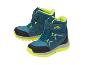 Ein Paar blaue und neongelbe wasserdichte Kinder-Winterstiefel mit Klettverschluss.