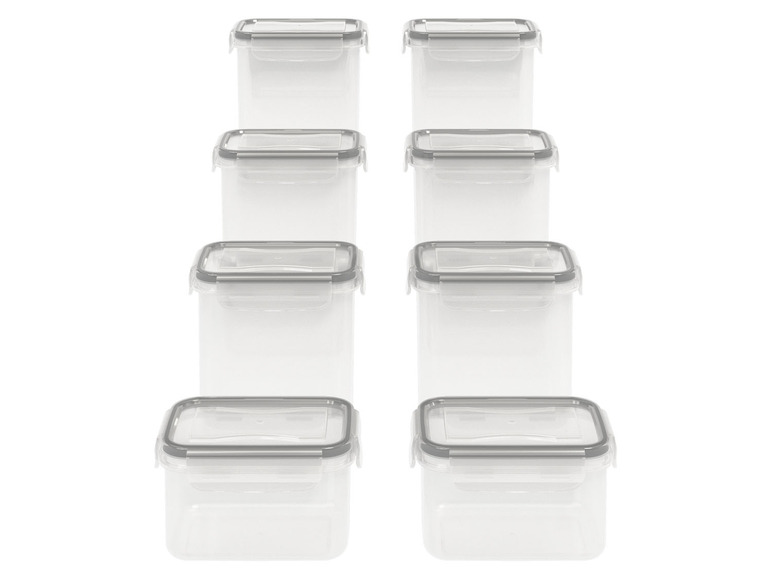 Ein Set aus sechs quadratischen Plastikbehältern mit grauen Deckeln.