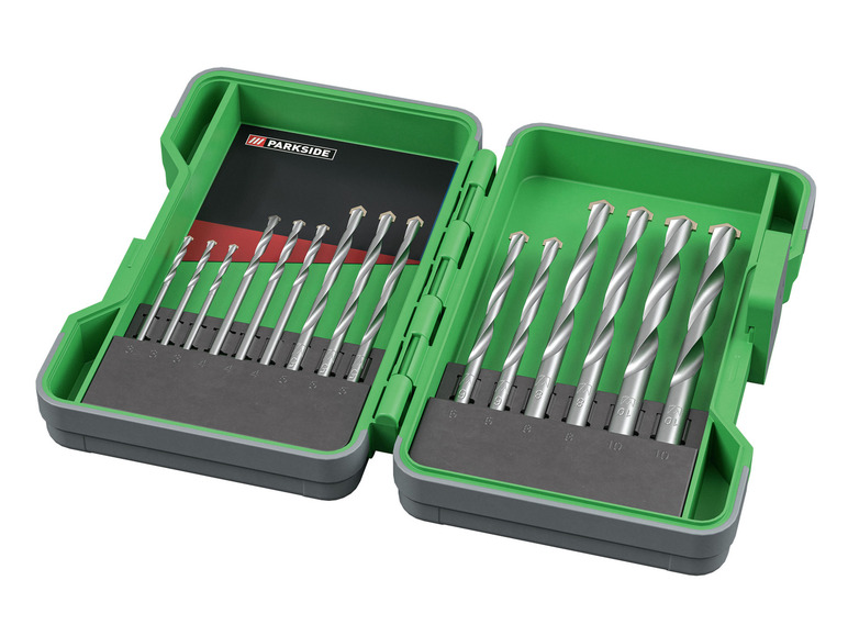 Ein Satz Parkside Bohrer in einer grünen Box.