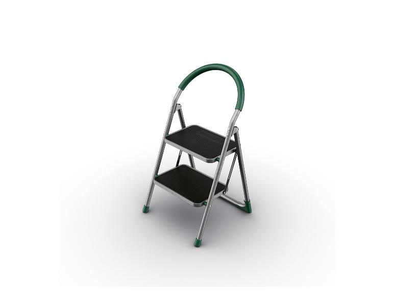 Klappbarer zweistufiger Tritthocker mit grünem Griff und rutschfesten Stufen.