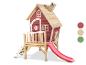 Rotes Holzspielhaus mit rosa Rutsche und Leiter, mit Farbpalette.