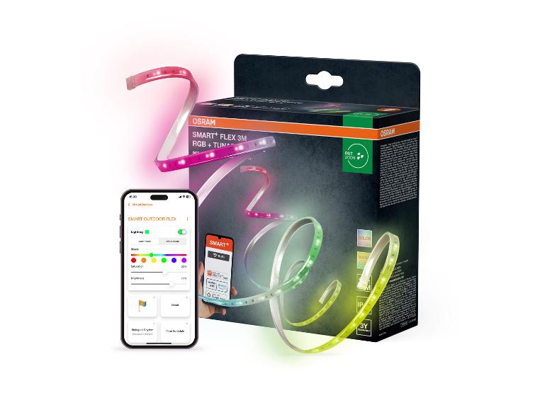 Smarter Outdoor-LED-Streifen mit RGB-Farbe und Weißlichtsteuerung, bedienbar per Smartphone.
