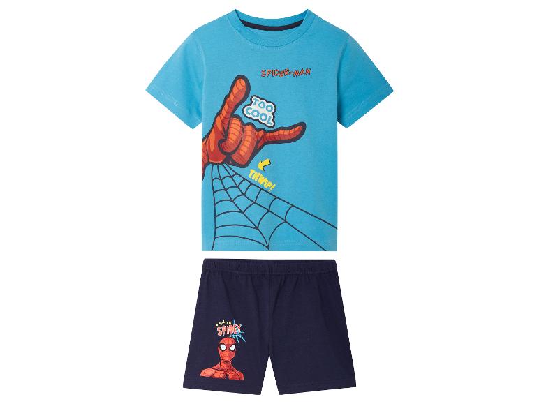 Spiderman Kinderpyjama: blaues T-Shirt und marineblaue Shorts.