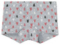 Graue Unterhose mit roten, weißen und schwarzen Herzen.