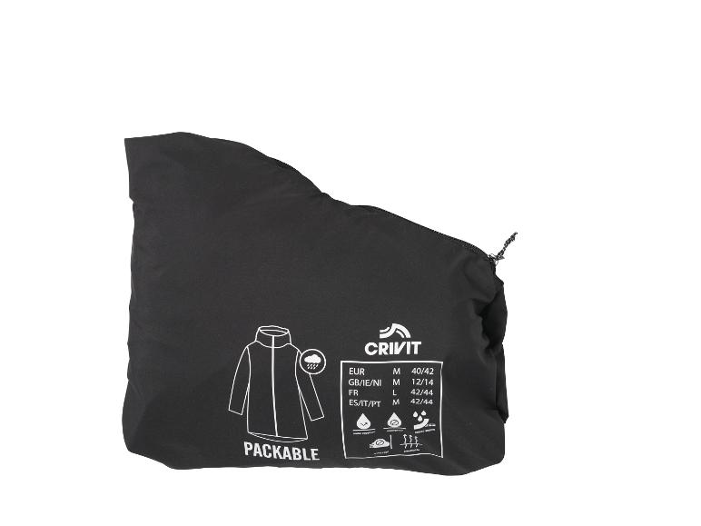 Schwarze packbare Jacke mit Größentabelle und Wetterschutz-Symbolen.