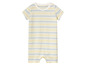 Ein gestreiftes Baby-Bodysuit in Gelb und Blau.