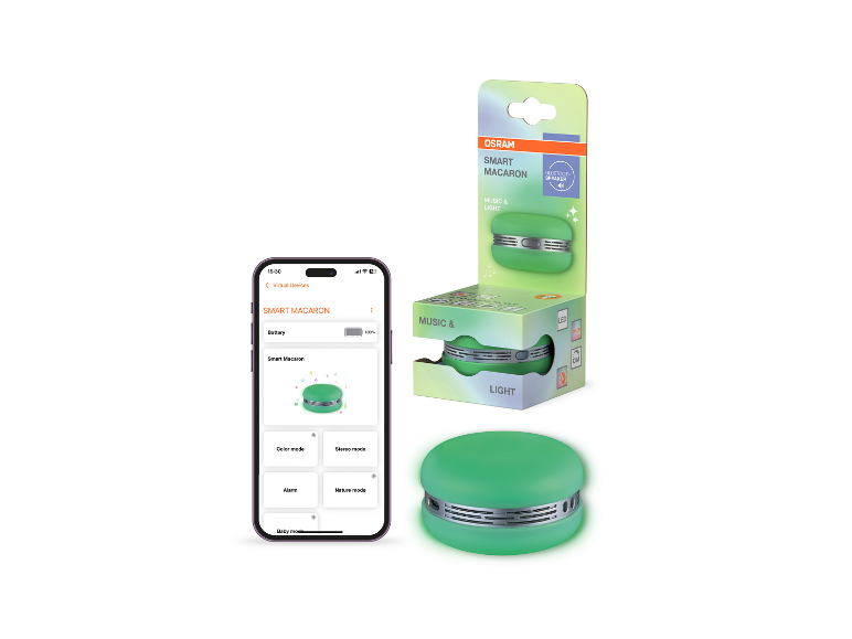 Smarter Macaron-Lautsprecher mit mobiler App zur Steuerung von Licht und Musik.