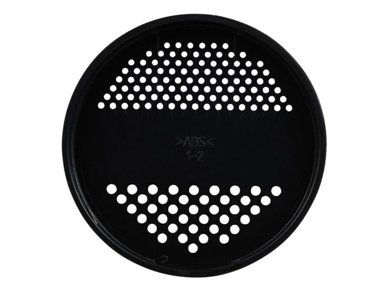 Schwarzes, rundes Sieb mit perforierten Löchern und ABS-Kennzeichnung.