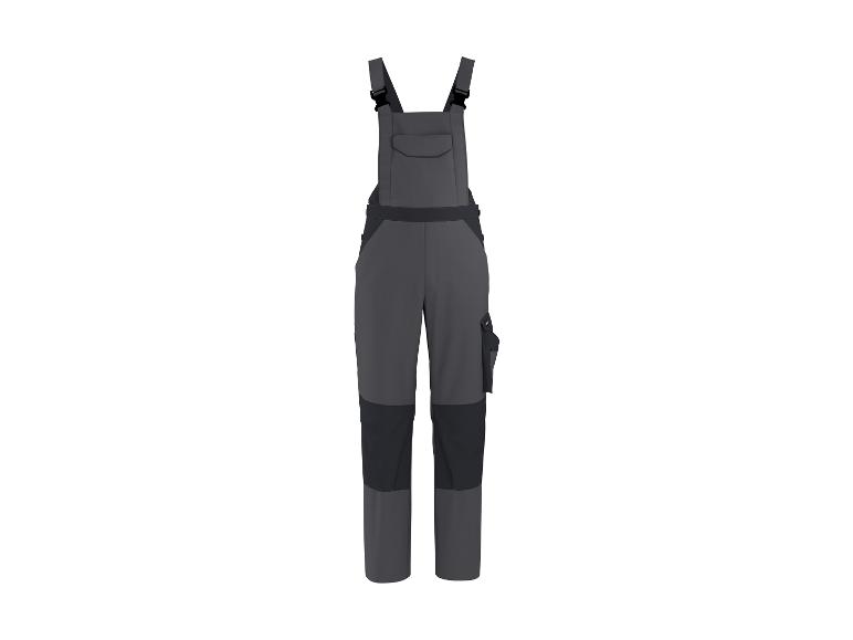 Graue Arbeitslatzhose mit schwarzen Akzenten und Taschen.